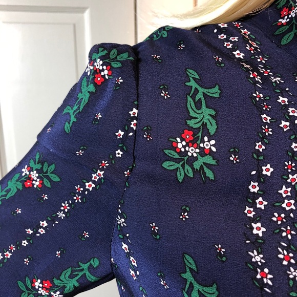 Blue Floral Silk Dress w Ruffles and Tie Neck S/M - Picture 6 of 8